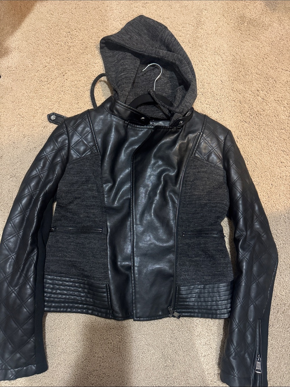 bebe Black Quilted Mixed-Media Hooded Moto Jacket